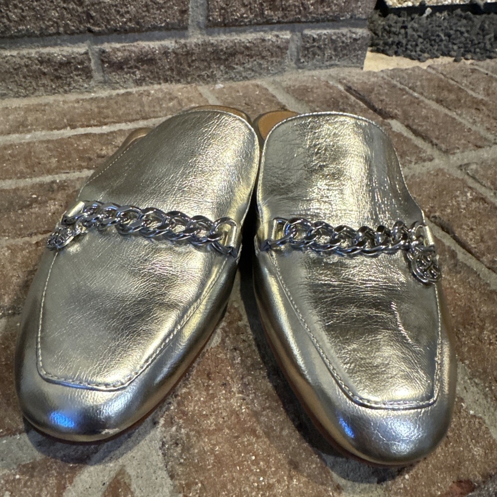 Tory Burch Spark Gold Silver Mini Benton Leather Loafer Mule Slide Sz 9M
